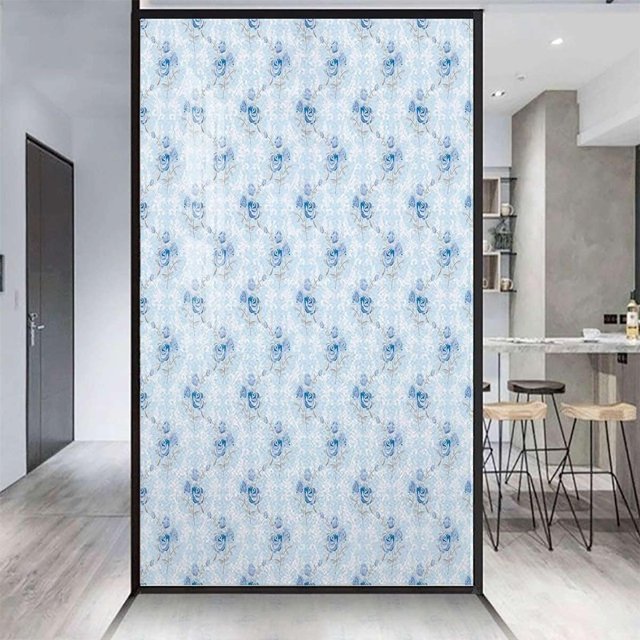 Multicolor Window Film No Glue Privacy Glass Film Classical Shabby Roses Victorian Romantic Stained Glass Film Frosted Privacy Window Film Light Blue 23.6Wx47.2L-inch