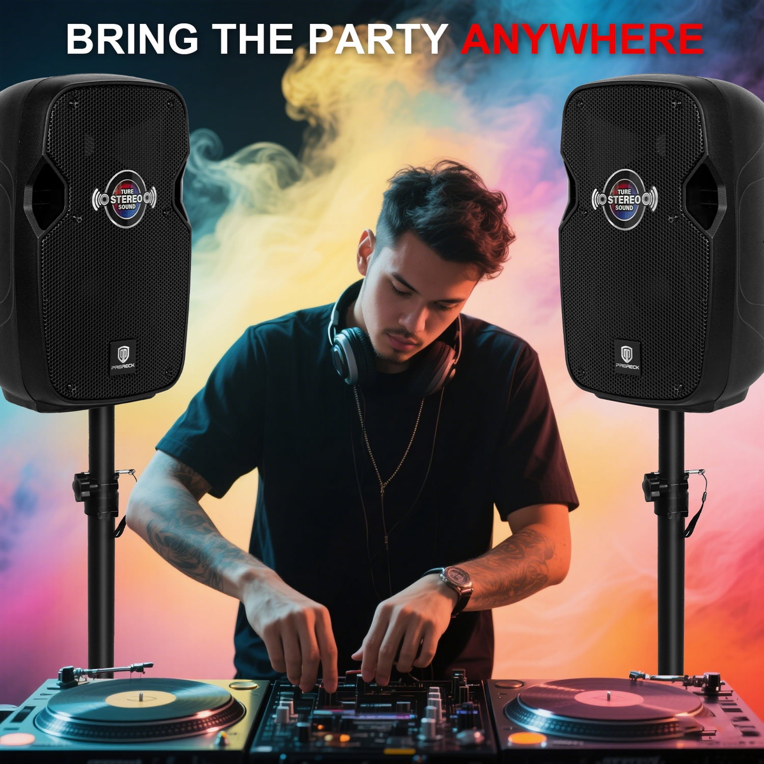 10-Inch Portable Powered PA Speaker System, 800W Peak with Bluetooth, Mic, Remote Control & Tripod Stands