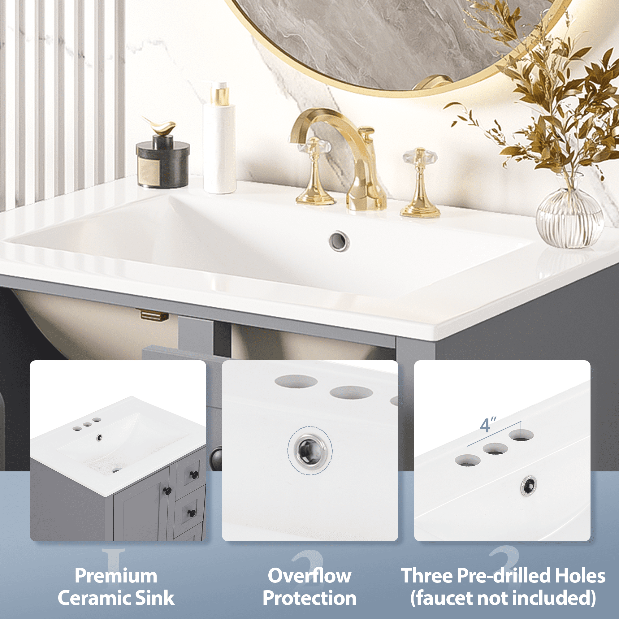 Euroco 24-inch gray bathroom vanity with an integrated ceramic basin, featuring a door-mounted double-layer shelf, soft-close drawers, and a soft-close cabinet door.