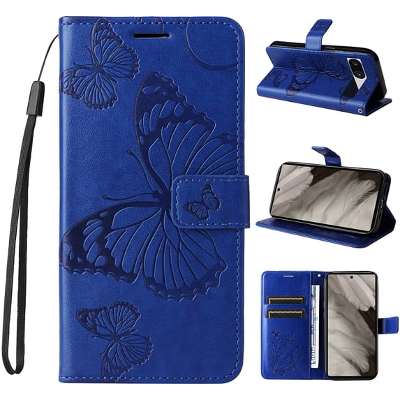 SaniMore for Google Pixel 7A Case, 3D Butterfly Embossed Magnetic Wallet Case for Girls Women, PU Leather TPU Interior Flip Kickstand Card Holder + Wrist Strap for Google Pixel 7A, Blue