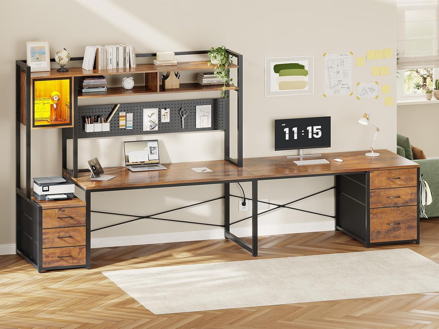 SEDETA L Shaped Desk with Drawers, 2 Person Desk with Hutch & Power Outlets, Home Office Desk with File Drawer & Glass Cabinet, Gaming Desk with LED Lights & Pegboard, Rustic Brown
