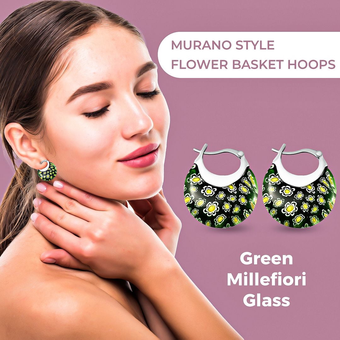 Green Murano Style Glass Hoop Earrings - Drop Dangle Earrings Stainless Steel Fun Daisy Flower Jewelry - Anniversary Engagement Her Ct. 30 Birthday Christmas Gifts