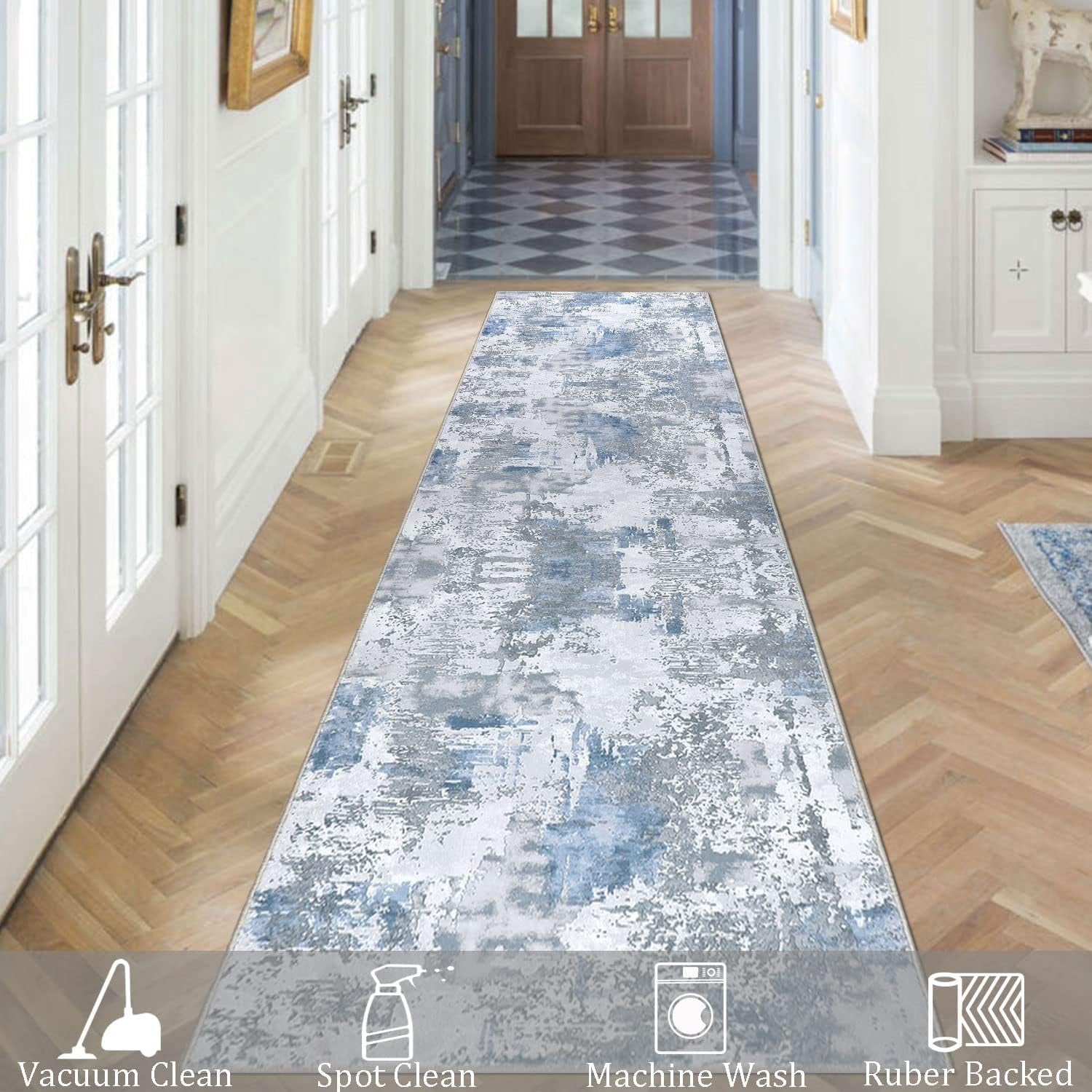 Aonewoe Modern Abstract Hallway Runner Rug 2x10, Washable Runner Rug, Non Slip Kitchen Runner Rugs, Soft Carpet Runners for Hallway Kitchen Bathroom Bedroom Entryway (Blue)