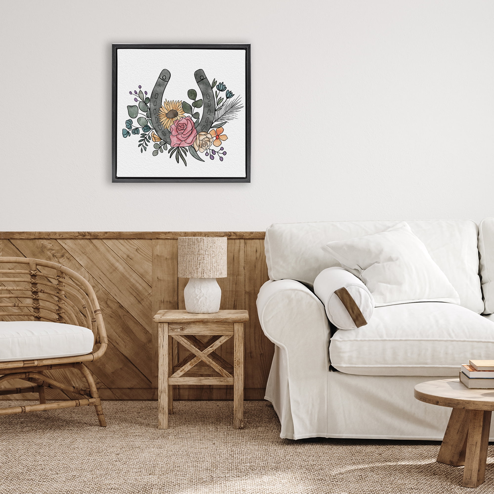 Stupell Industries Boho Floral Horseshoe Black Framed Floater Canvas Wall Art, design by Alisha Kiara Design