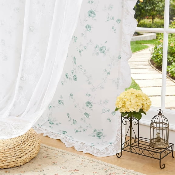 Green Overlay Floral Ruffle Curtains 63 Inch,Botanical White Not-See-Through Sheer Drapes Mix and Match Lace Sheer, Window for Bedroom Living Room,Rod Pocket,Green