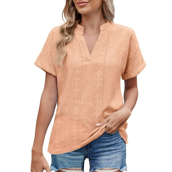 Women's Spring/summer Jacquard V Neck Short Sleeve Loose T Shirt Top