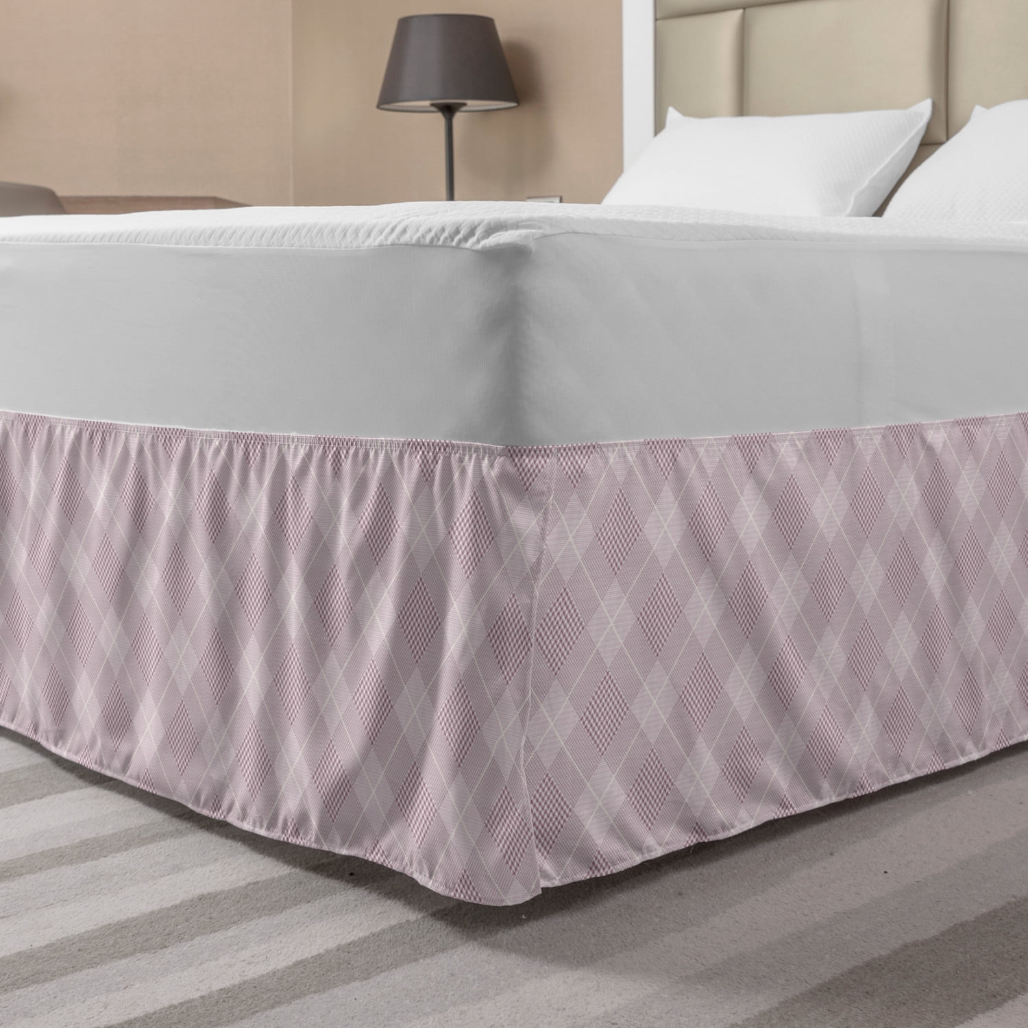 Muted Colors Bed Skirt, Plaid Inspired Squares Print in Delicate Violet