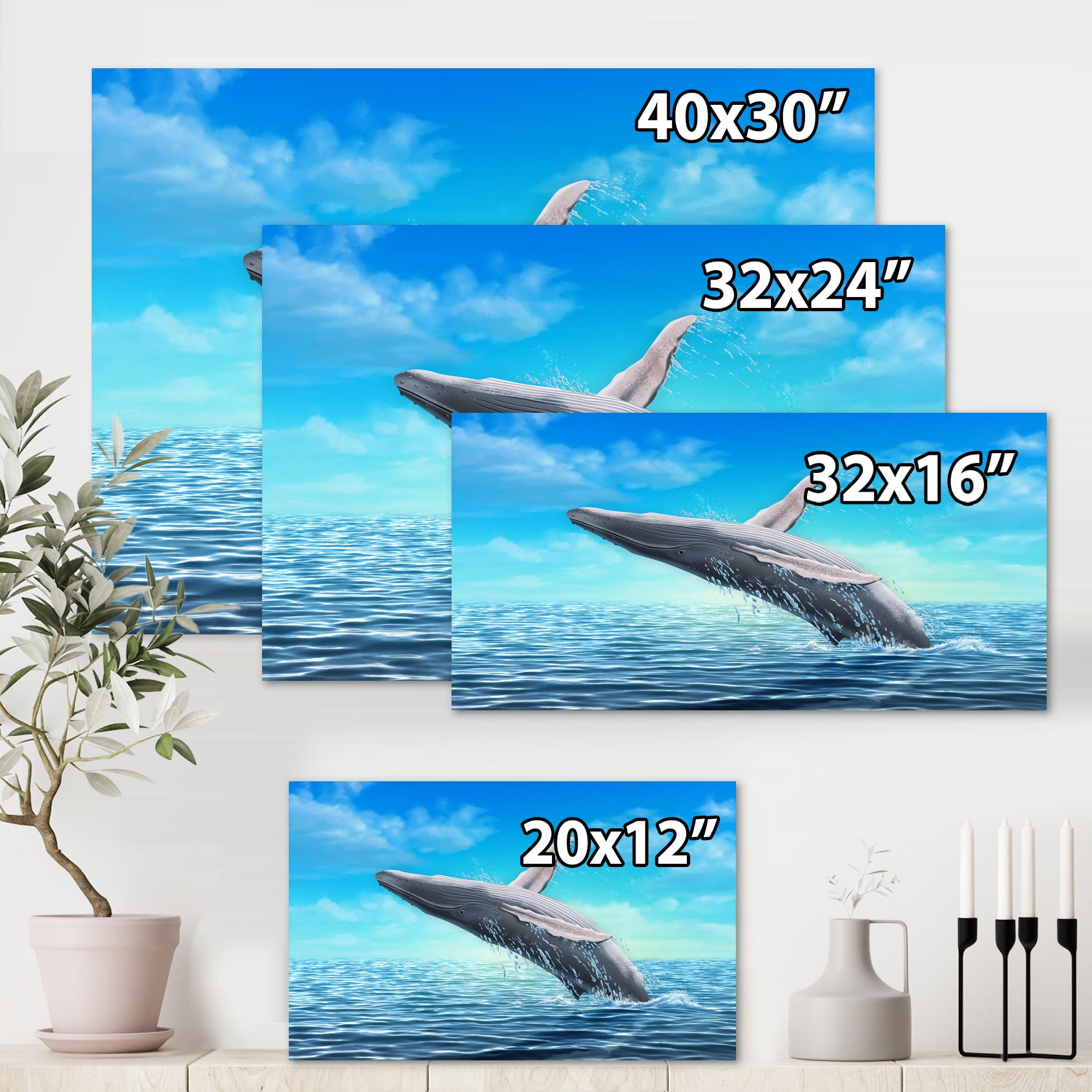 Designart ' Humpback Whale Jumping Out of Sea ' Farmhouse Canvas Wall Art Print