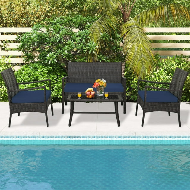 Gymax 4 Pieces Outdoor Patio PE Wicker Sofa w/ Tempered Glass Coffee Table for Porch & Backyard