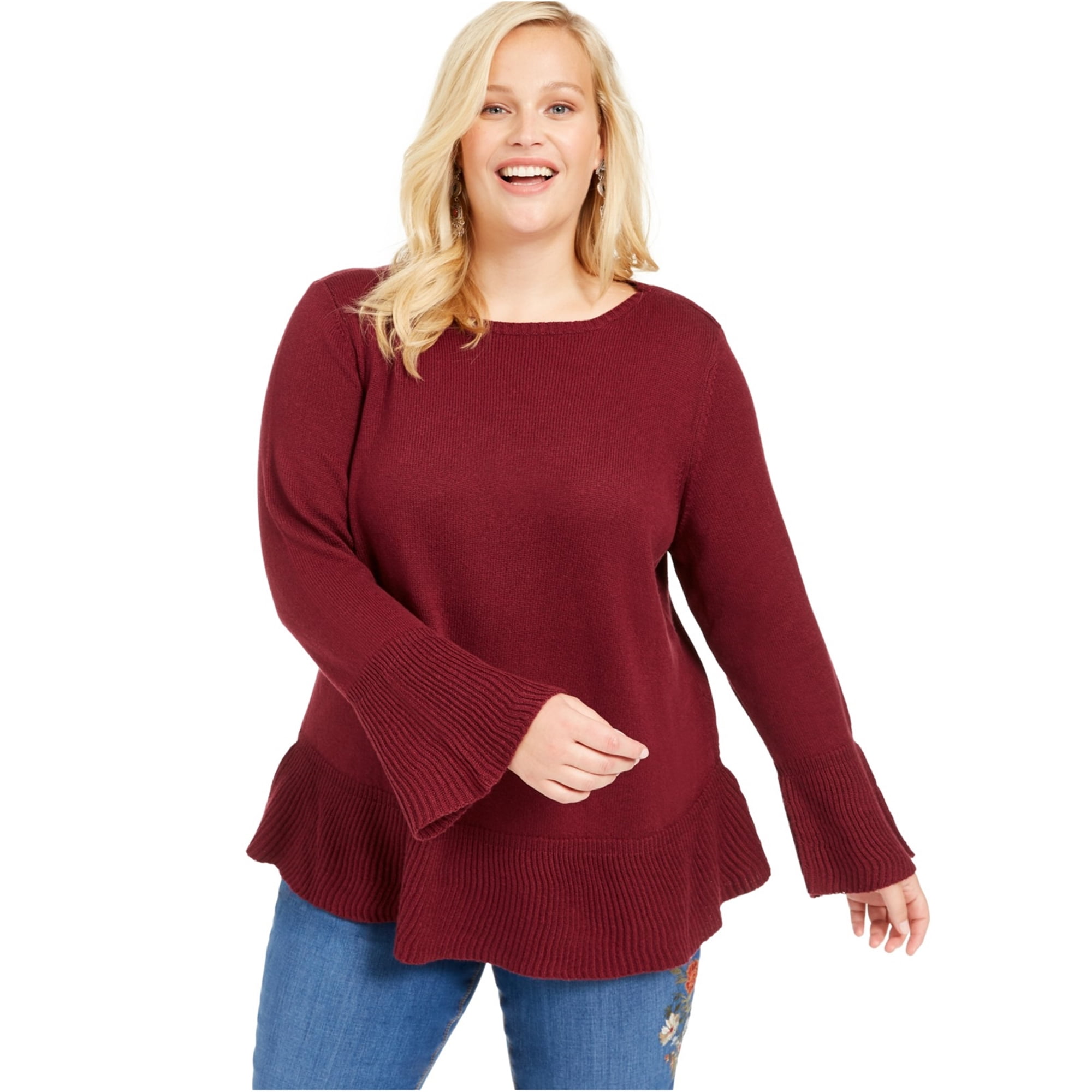 Womens Ruffle-Hem Pullover Sweater, Red 