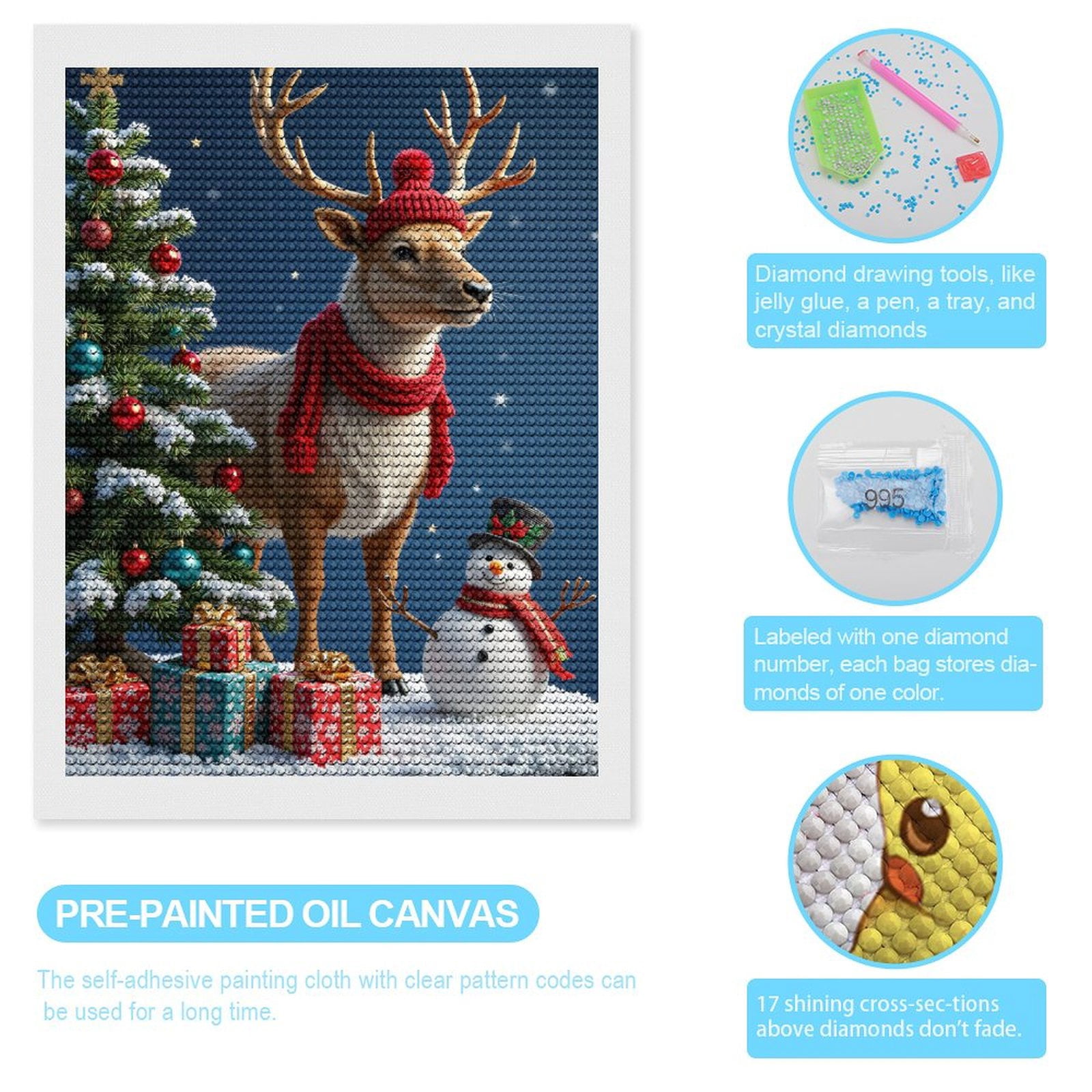Diamond Art Kits for Adults, Reindeer Snowman Christmas Tree Scene 5D Diamond Painting Kits for Adults Beginners, DIY Full Drill Diamond Painting, Gem Art and Crafts 12x16