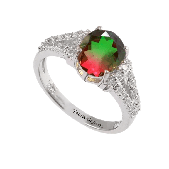 925 Sterling Silver Watermelon Tourmaline Quartz Ring Oval Bi-Color Gemstone with Pink & Green Hues Handmade Boho Jewelry – Bio Color Statement Ring for Women Silver 3