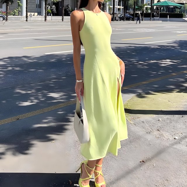 Vestido Vestido largo de punto para mujer, vestido midi de estilo sexy, ajustado, ropa de club sólida Ygjytge Amarillo T L para Mujer