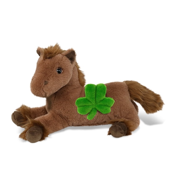 DolliBu Fancy Laying Brown Horse Stuffed Animal with Green Plush Shamrock, Cute Green Shamrock Plush, Fun St Patricks Day Stuffed Animal Horse, Good Luck St Patricks Day Toys for Kids, Baby - 10 Inch