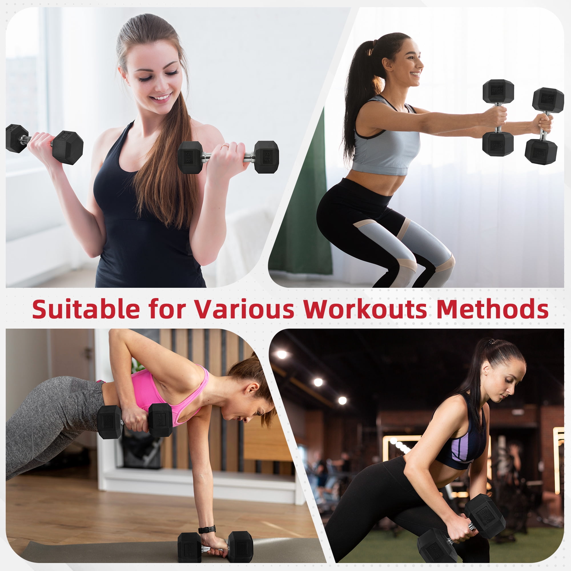 FlexWave Rubber Encased Hex Dumbbells, 30 lbs Pair, Black