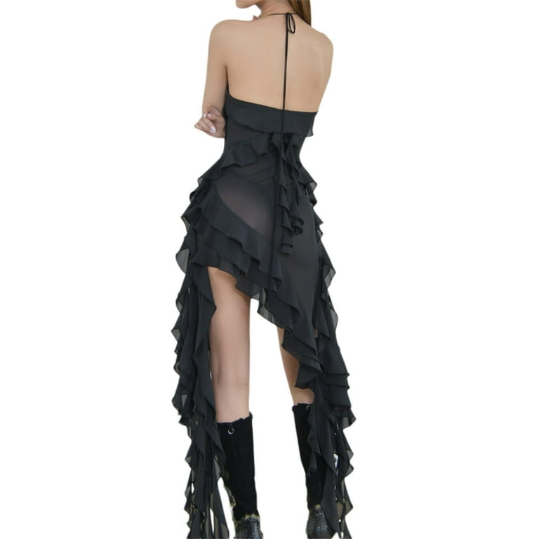 Sexy Solid Strapless Hanging Neck Asymmetrical Dress Sexy Solid Strapless Hanging Neck Asymmetrical Dress