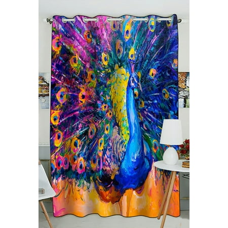 Colorful Bedroom Curtains PHFZK Oil Painting Window Curtain, Elegant Peacock Bird Colorful Window Curtain Blackout Curtain For Bedroom living Room Kitchen Room 52x84 inches One Piece ()