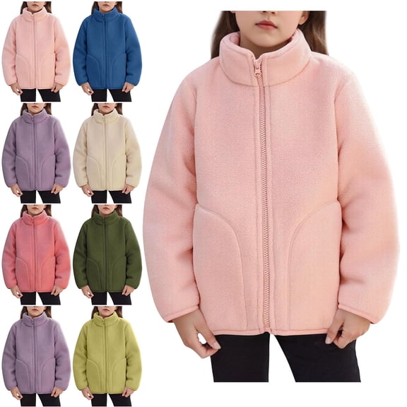 Teylalorva Girls Fleece Jacket Zip up Stand Collar with Pockets Thick Warm Versatile Casual Outerwear (1-15) Pink Size 3T