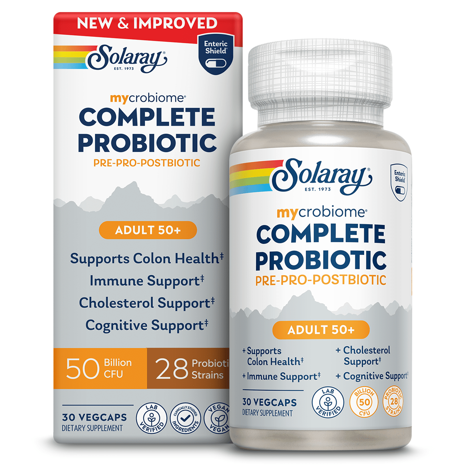 SOLARAY Mycrobiome Complete Probiotic Adult 50 Plus - Pre and Probiotics for Women and Men Plus Postbiotic - 50 Billion CFU, 28 Strains - Vegan - 30 Servings, 30 VegCaps
