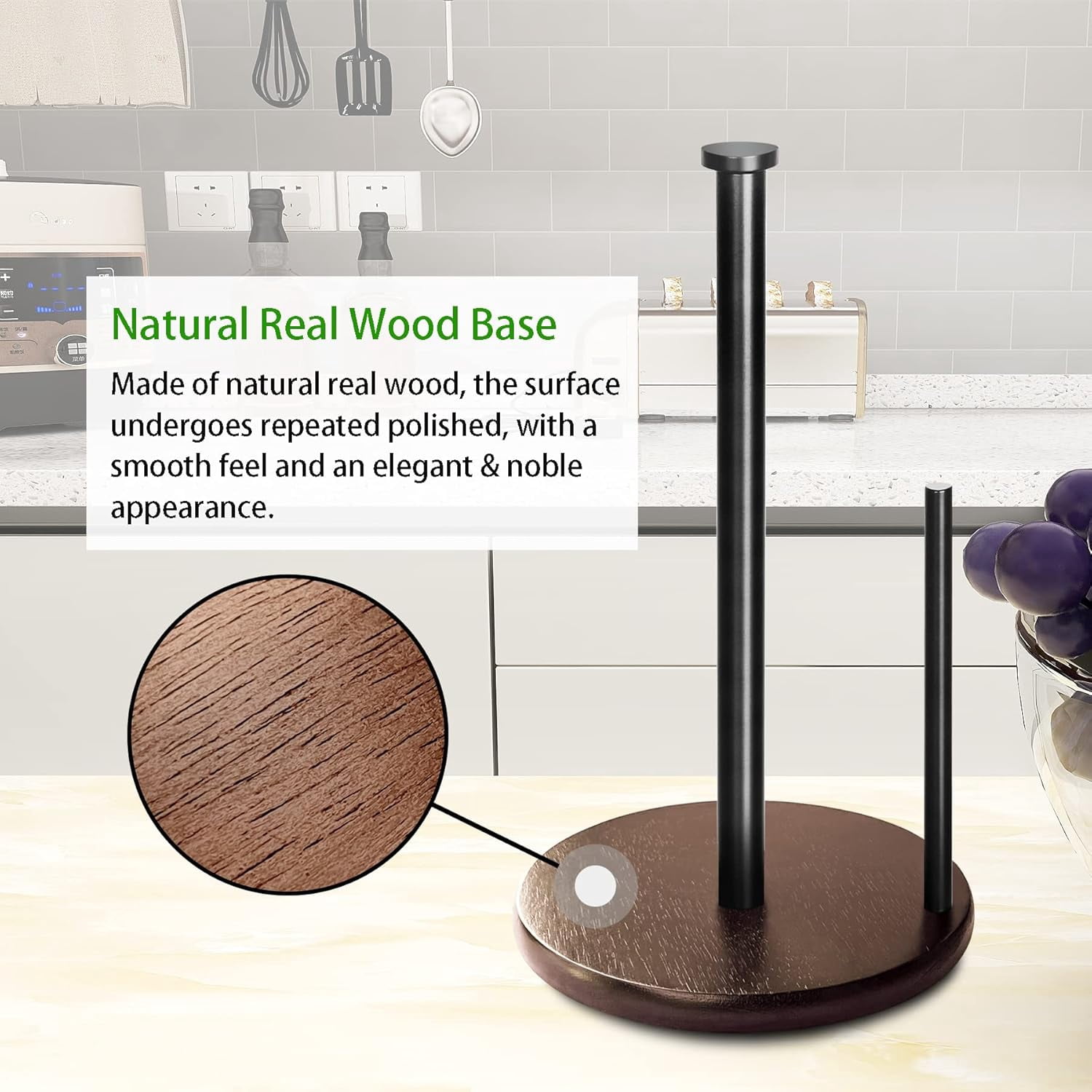 Wood Paper Towel Holder Countertop, , Farmhouse Kitchen Paper Towel Holders Stand with Real Wooden Base, fits Standard and Jumbo Size Paper Towels (Dark Brown)