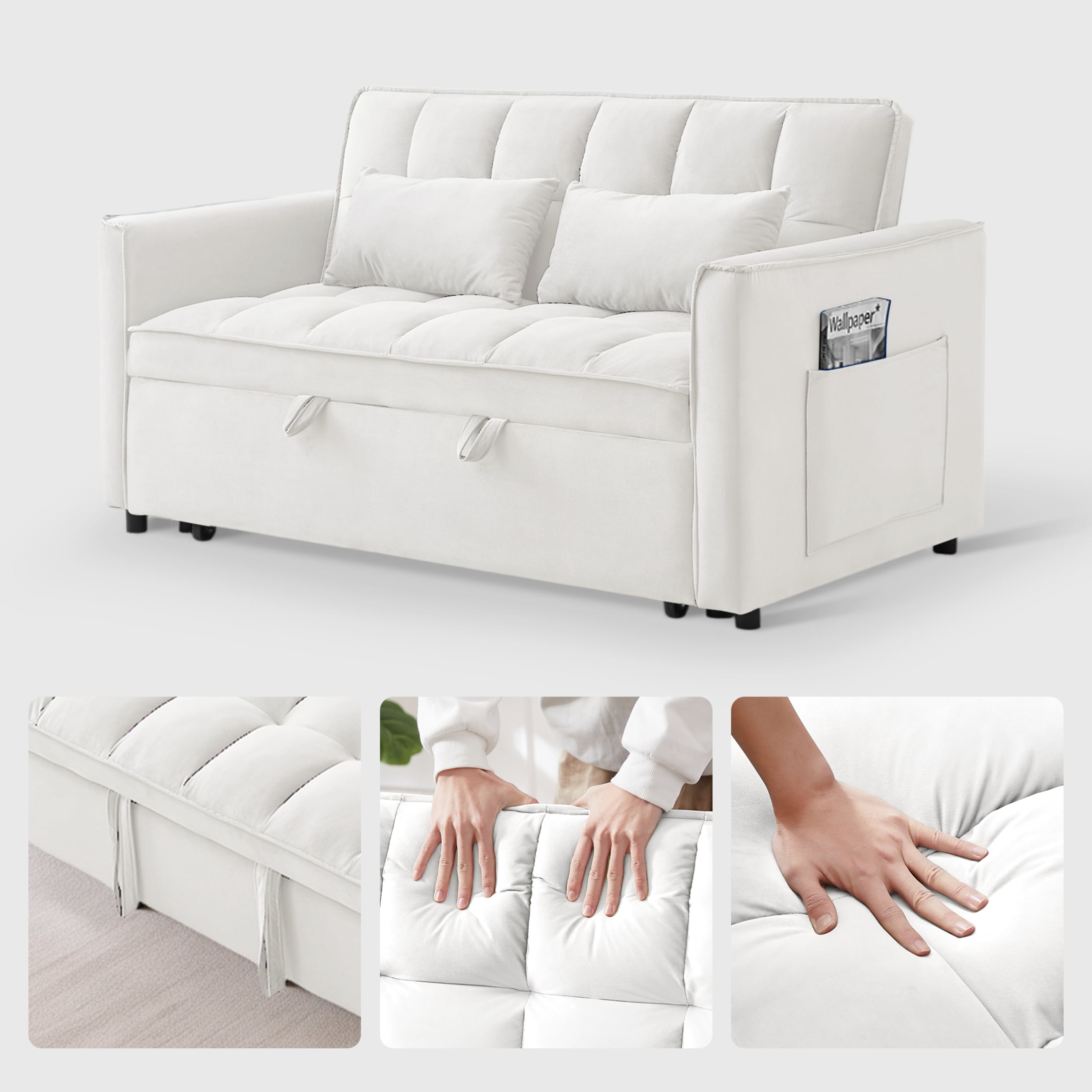 Vinform 55" 3 in 1 Convertible Sleeper Sofa Bed, Pull Out Loveseat Couch with Storage Pocket, Beige