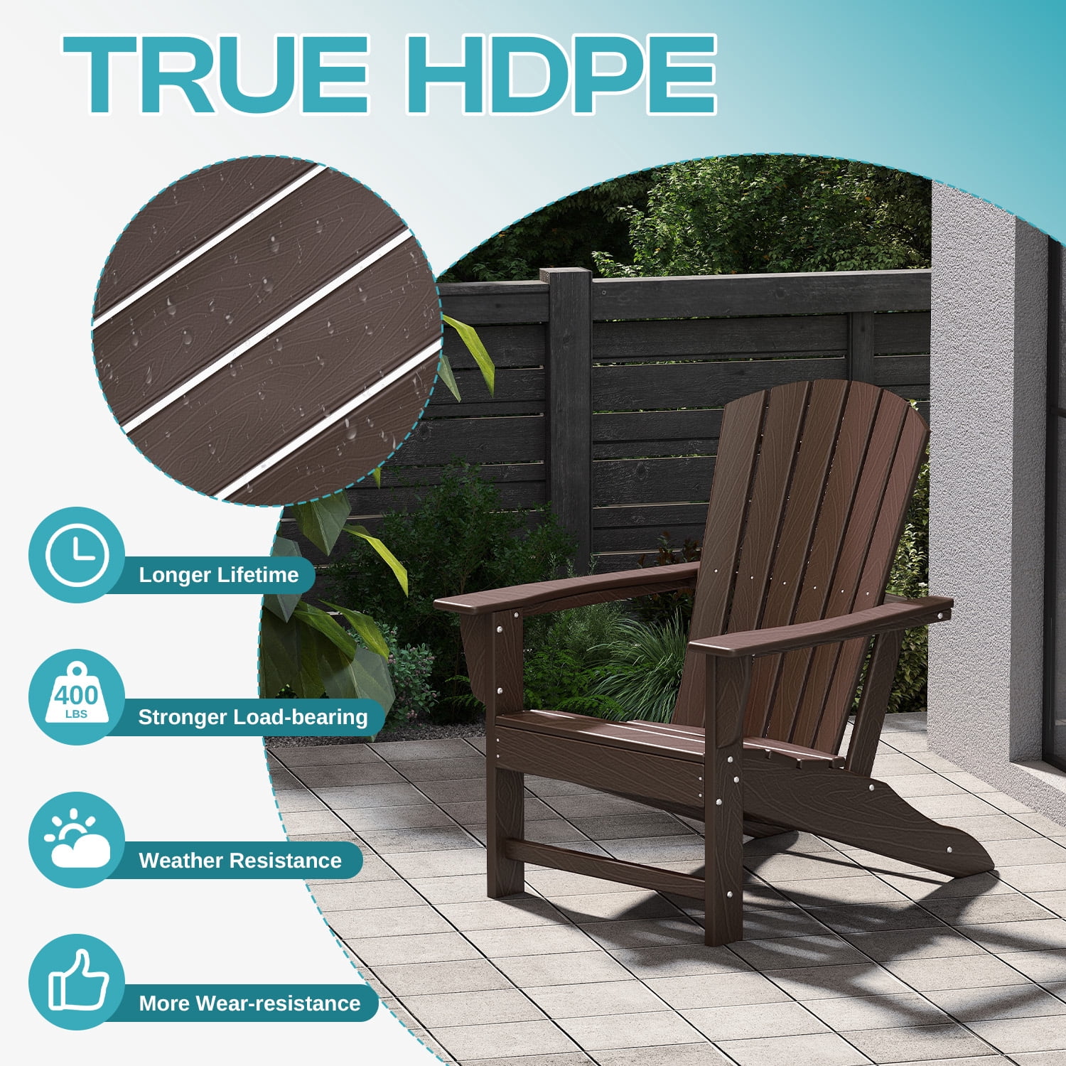 PIPOPA Outdoor Adirondack Chair, HDPE All Weather Patio Chair for Deck Backyard Garden, BrownWood