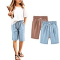 thumbnail image 5 of Girls Summer Shorts 2PC Elastic Waist Knee Length Casual Linen Cotton Bermuda Shorts with Pockets School Uniform Shorts Brown 7-8Years, 5 of 5