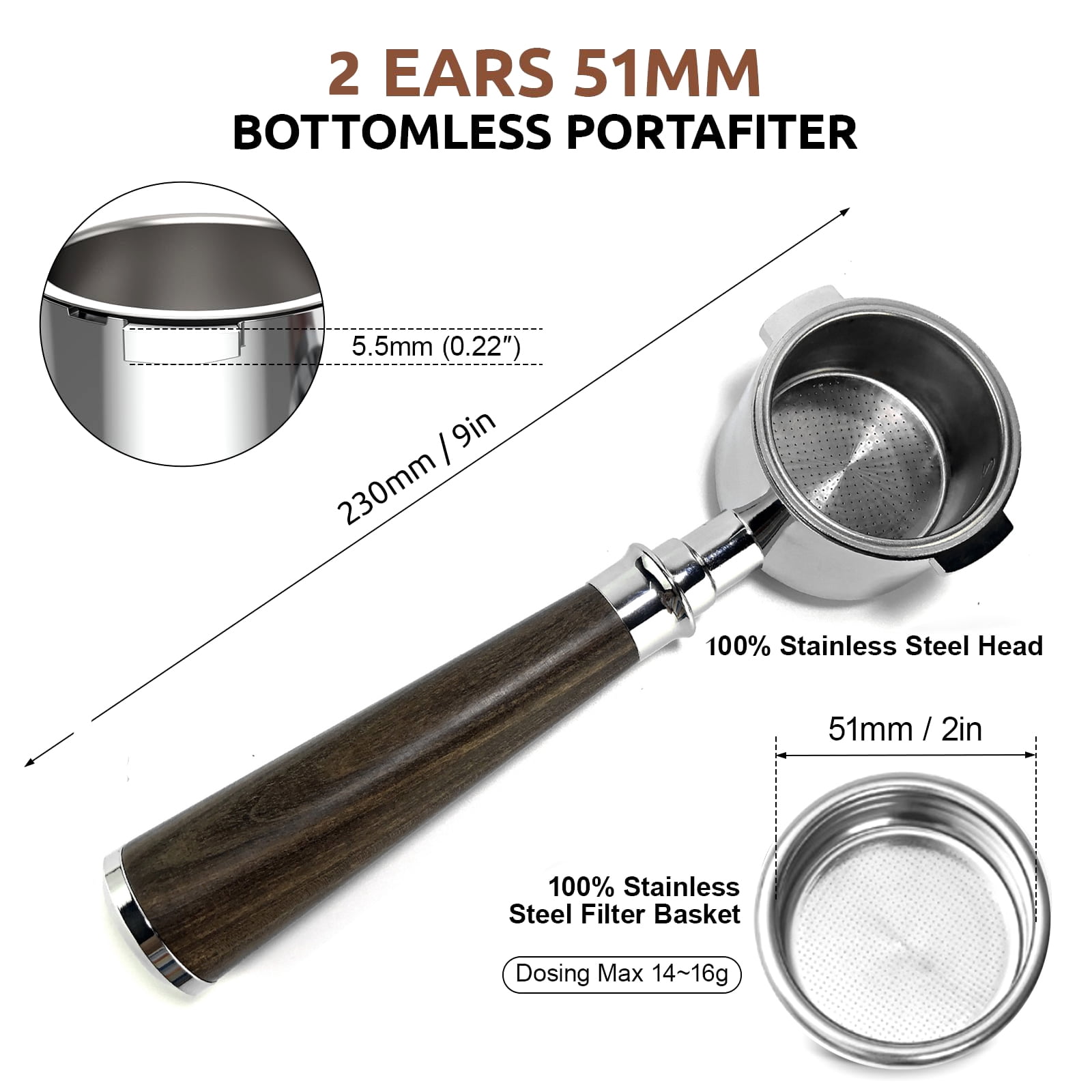 51mm Bottomless Portafilter for Delonghi ECP3420, EC155, BCO430, EC260 | 2 Ears Stainless Steel with Walnut Handle & Double Shot Basket(51MM forDelonghi ECP3420/EC155 | 2 Ears)
