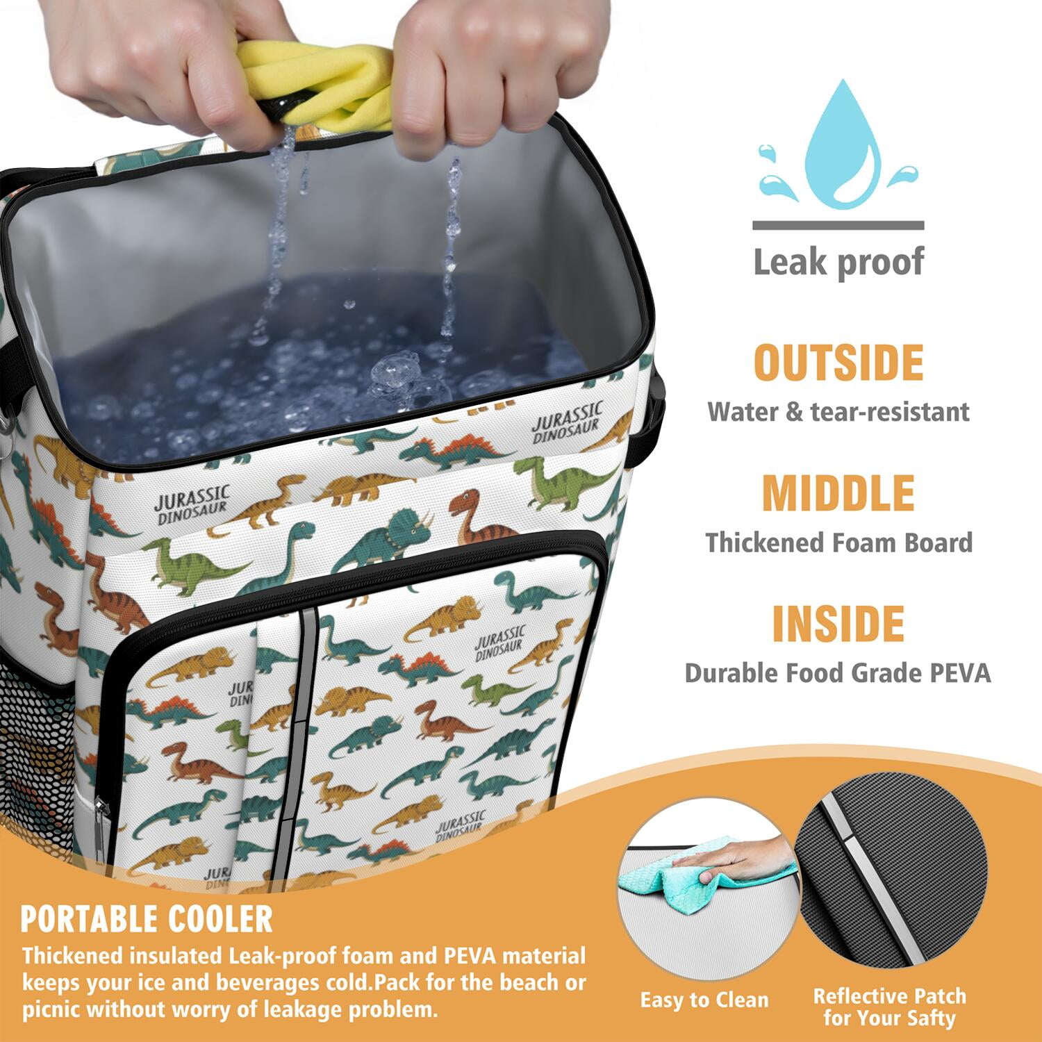 Travel Cooler Bag - Dinosaur Pattern Camping Beer Cooler Backpack with Bottle Opener- Waterproof Insulated Picnic Backpacks - Cooler Bag for Beach