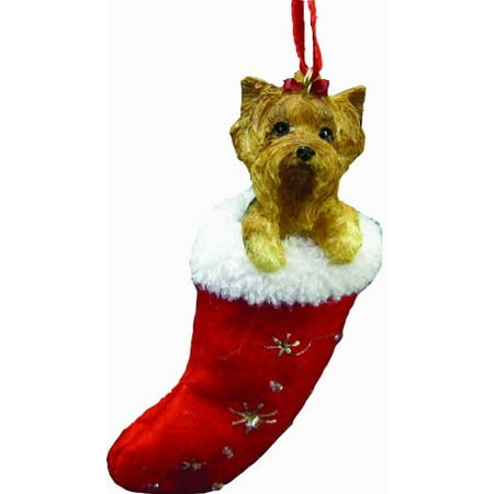 Yorkie Teacup Ornament - Yorkie Christmas Stocking Ornament, Hand Painted and Stitched Detail