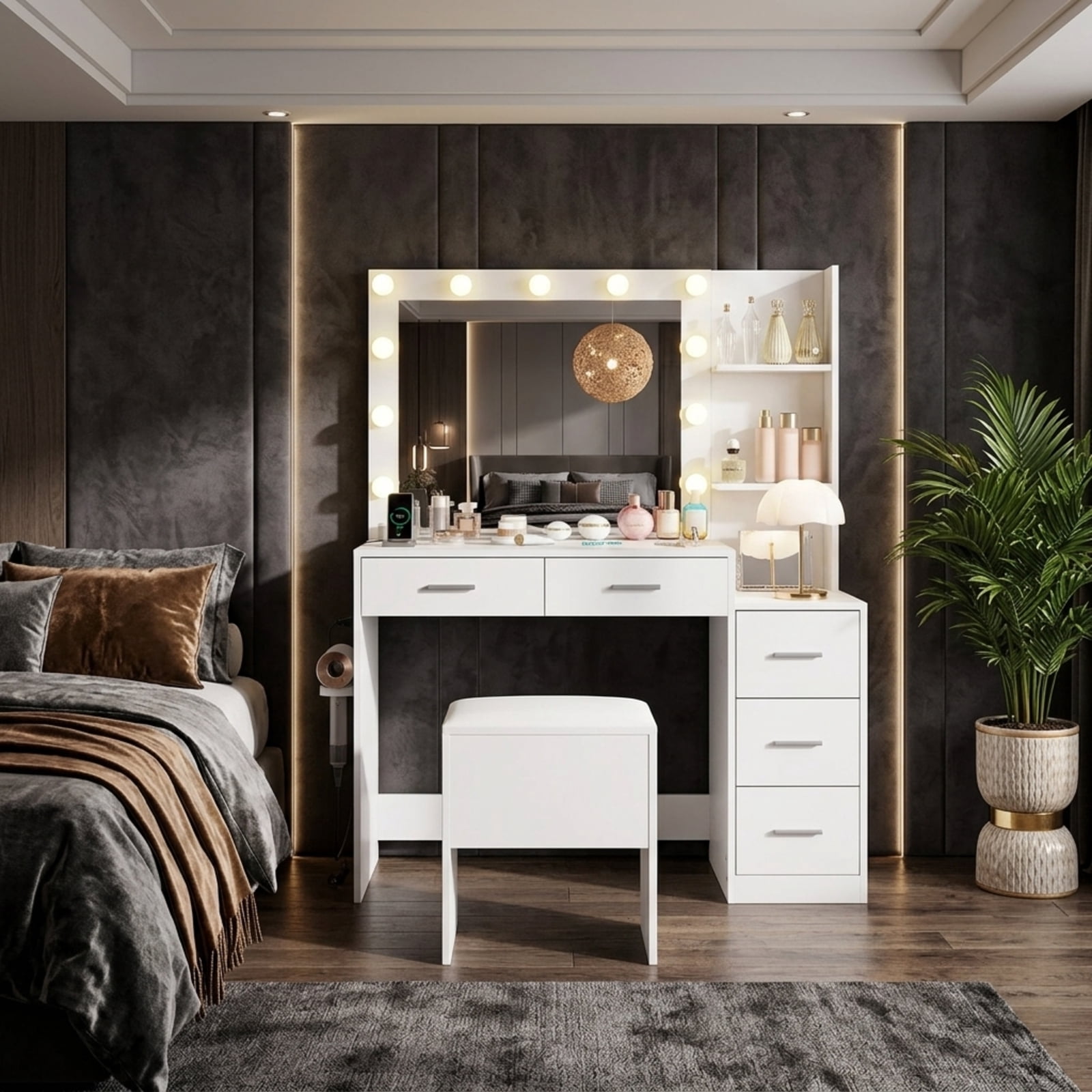 Furnibear Makeup Table and Stool Set with Hair Dryer Stand for Bedroom Makeup Dressing Room Vanity Desk Mirror Set, White