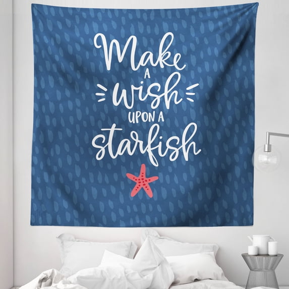 Saying Tapestry, Nautical Themed Make a Wish upon a Starfish Text, Fabric Wall Hanging Decor for Bedroom Living Room Dorm, 5 Sizes, Dark Sky Blue Slate Blue, by Ambesonne