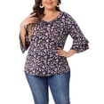 thumbnail image 1 of Blusa de mujer de talla grande GRACE & GRANDEUR con estampado floral, escote en V, volantes en capas y mangas acampanadas 1X púrpura, 1 of 1