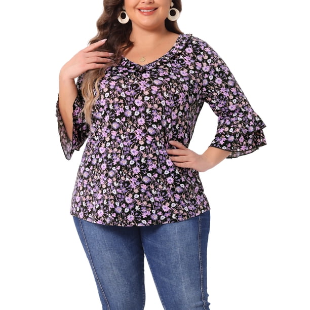 Blusa de mujer de talla grande con estampado floral, cuello en V, volantes en capas y mangas acampanadas de GRACE & GRANDEUR, 4X, púrpura