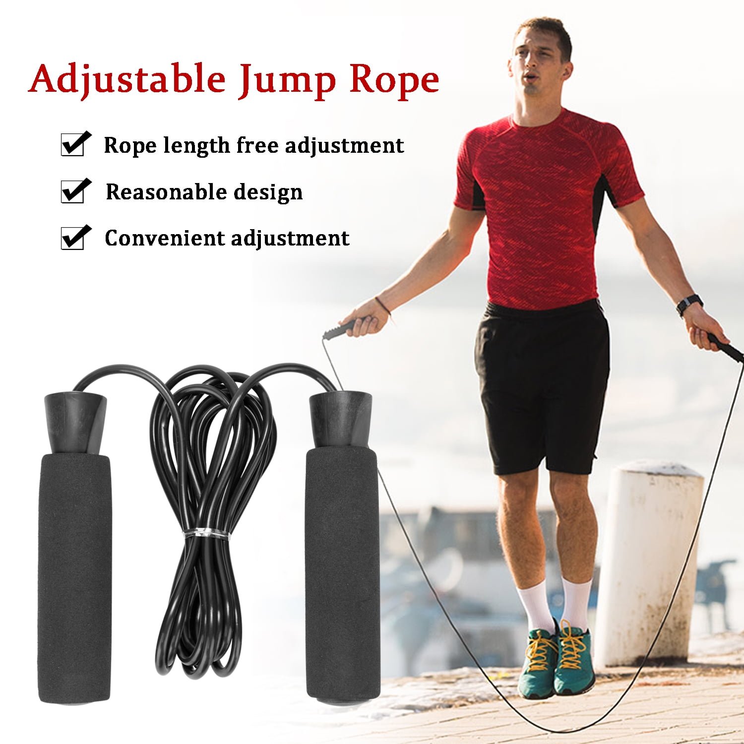 Men Skipping Rope Fitness Black Solid PVC Rubber Adjustable Exercise Accessories 