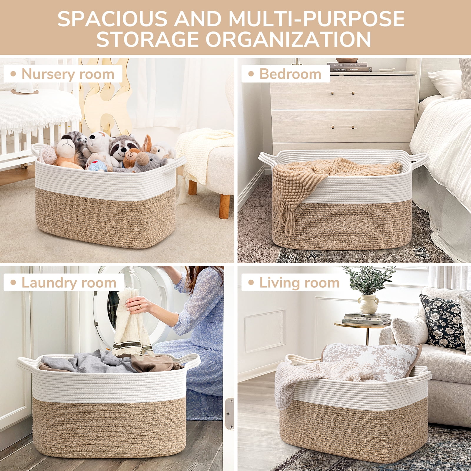 TIMEYARD Large Blanket Basket, 21.6" x 14.9" x 11.8" Rectangle Woven Baskets for Storage-White & Light Brown