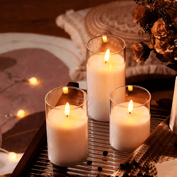 Goyuon 3 Pack Clear Flameless Candles, Realistic Flickering LED Candles with 10-Key Remote Control, Timer & Dimmable, Battery Operated for Home, Wedding, Party, Bar, Cafe Decor