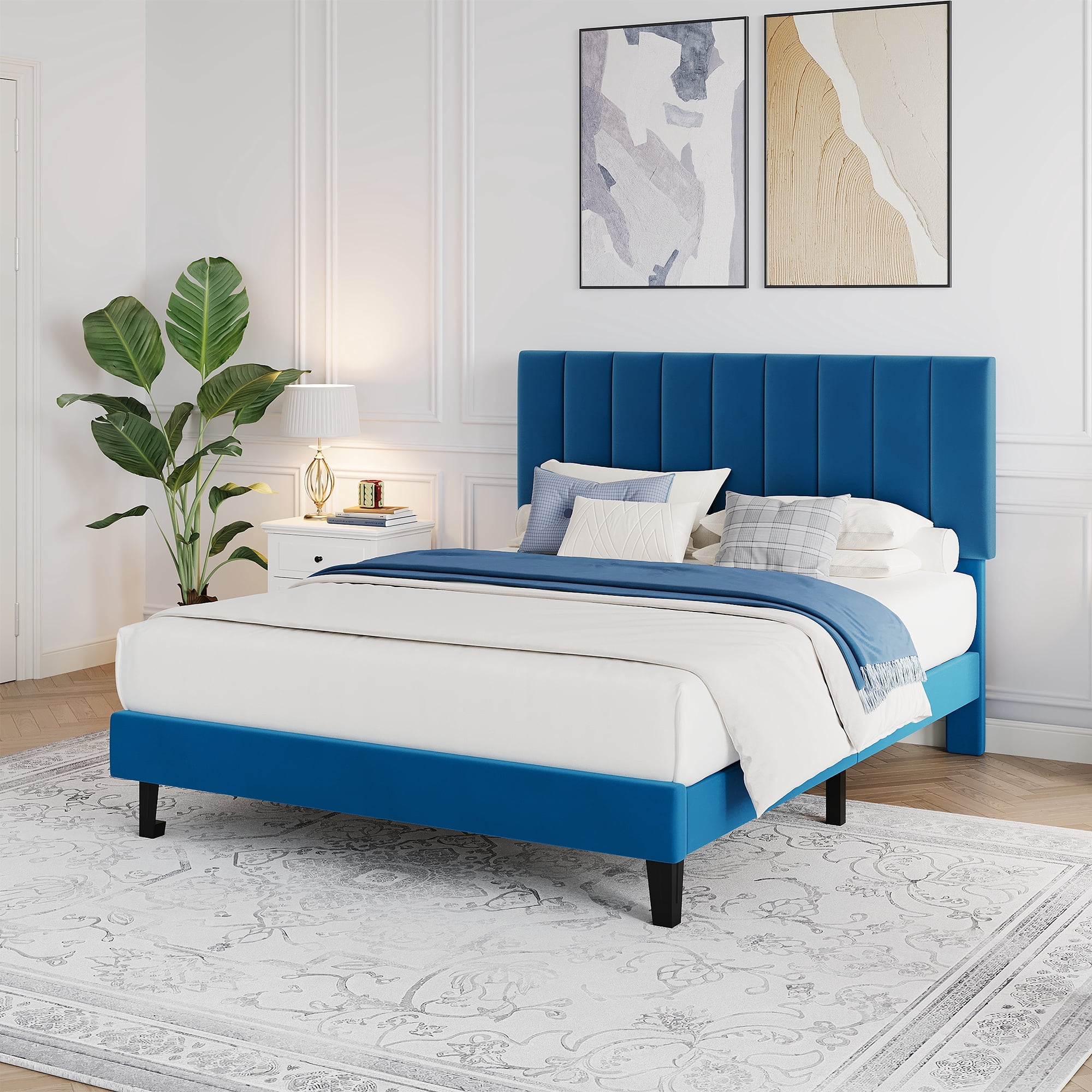 Full Bed Frame with Adjustable Headboard, Velvet Upholstered Platform Bed Frame Full Size, Strong Wooden Slats, No Box Spring Needed, Easy Assembly, Blue