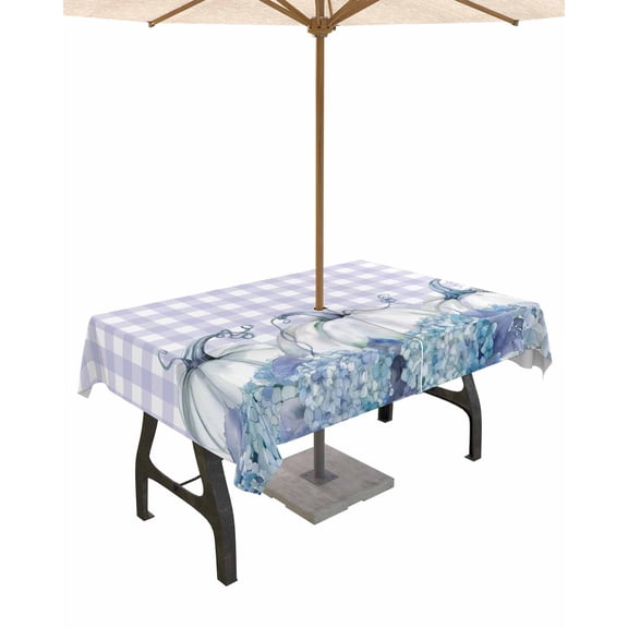 Boanket Outdoor Tablecloth with Umbrella Hole for Patio/Picnic/Party/Camping, Blue Pumpkins Thanksgiving Waterproof Table Cloth Rectangle Table Cover Washable, Fall Floral Purple Plaid (60"x 102")