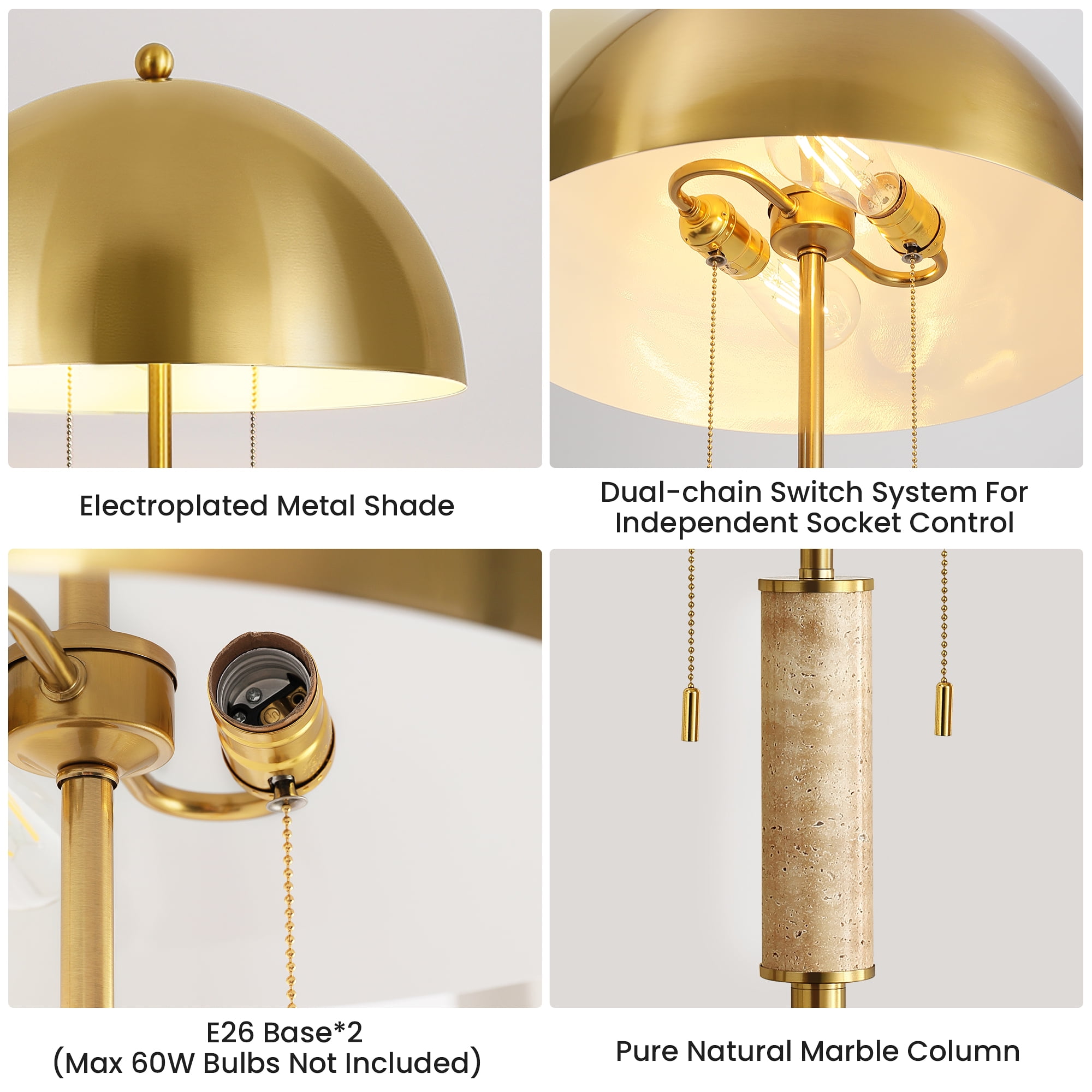 Modern Gold Metal Floor Lamp with Metal Dome LightShade, Pull-Chain Switch, Soft Ambient Light for Living Room Bedroom.