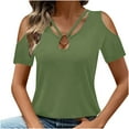 thumbnail image 2 of RYRJJ Womens Summer Cold Shoulder Tops Short Sleeve V Neck T Shirts Loose Dressy Casual Tunic Blouses Criss Cross Tees(Green,M), 2 of 9