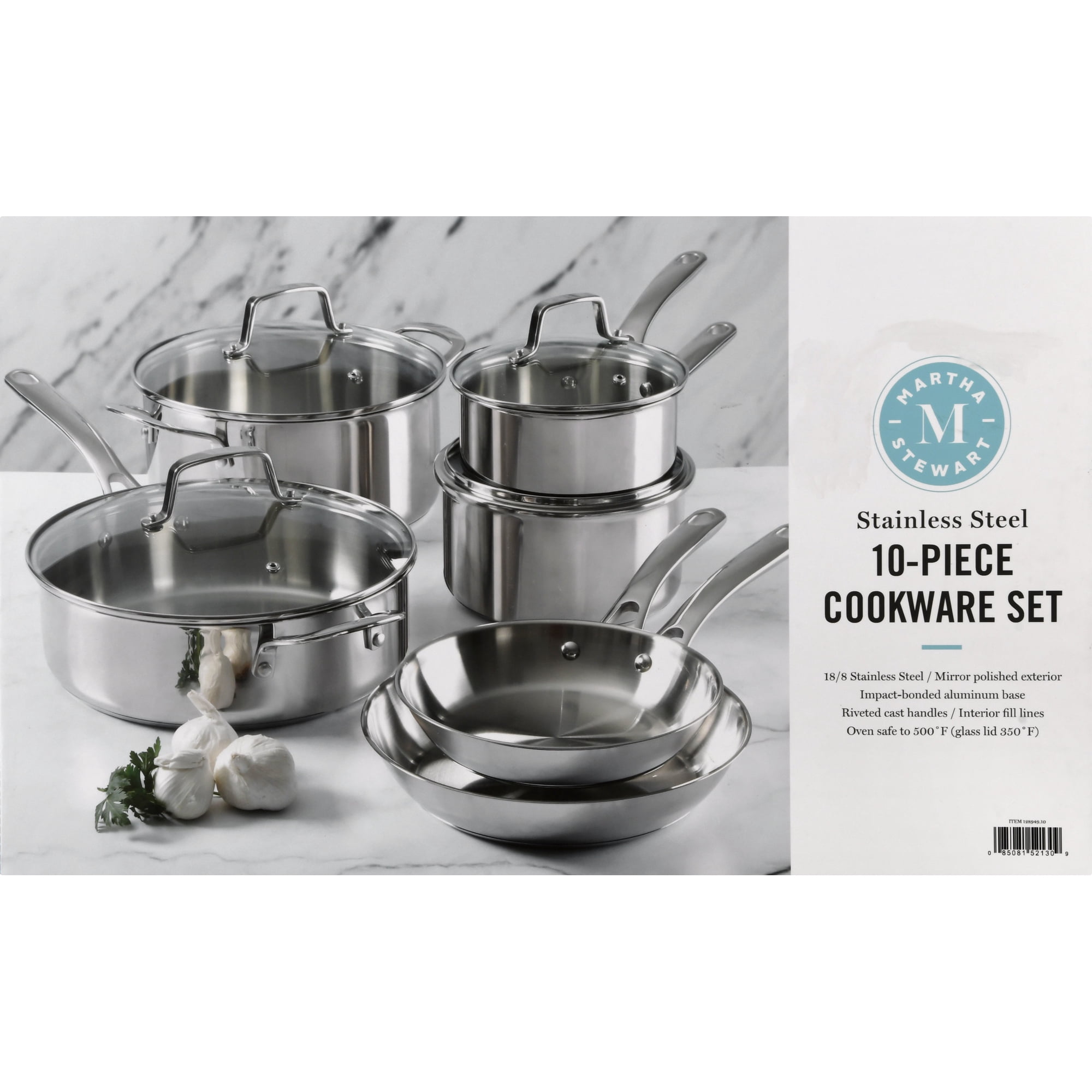 Martha Stewart 10pc Cookware Set, Polished Exterior Stainless Steel Pots and Pans