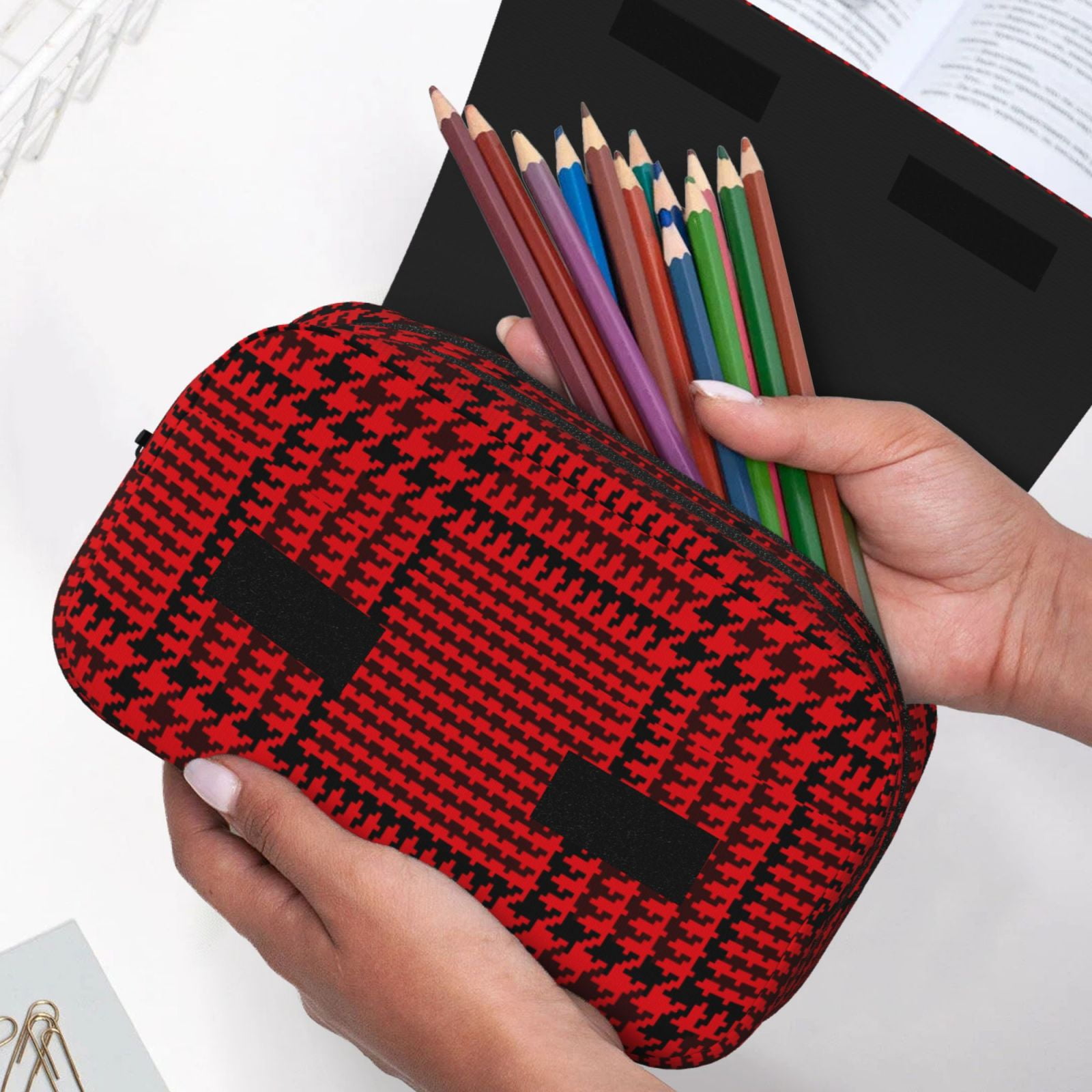 Rateoe Red Black Houndstooth Pattern Double Clamshell Pen Case, Storage Organizer with Two Zipper Compartments– Holds Up to 50 Pencils & Pens