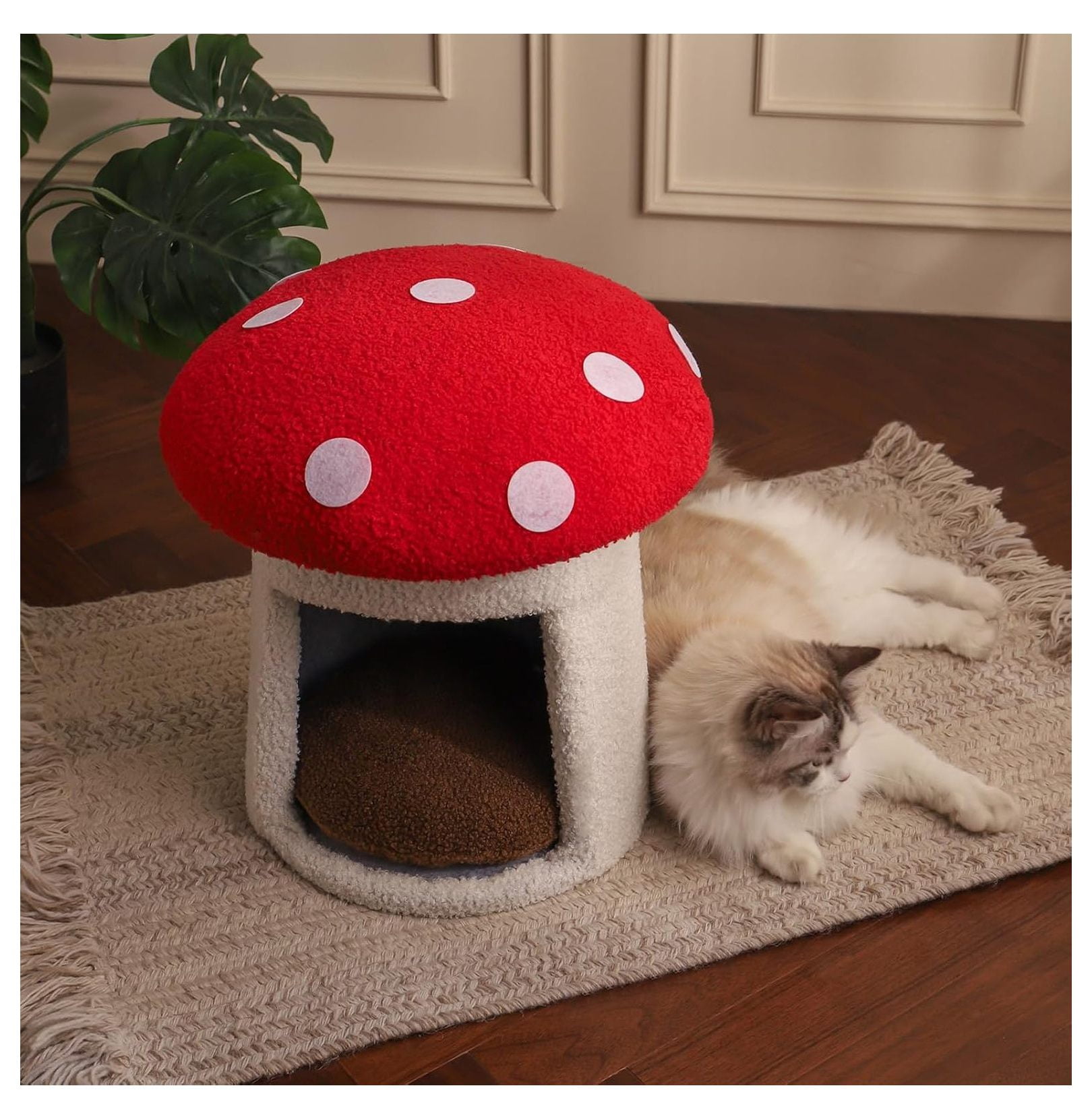 Mushroom Cat Bed for Indoor Cats, Cow Cat Cave - Soft Plush Pet House with Removable Cushion