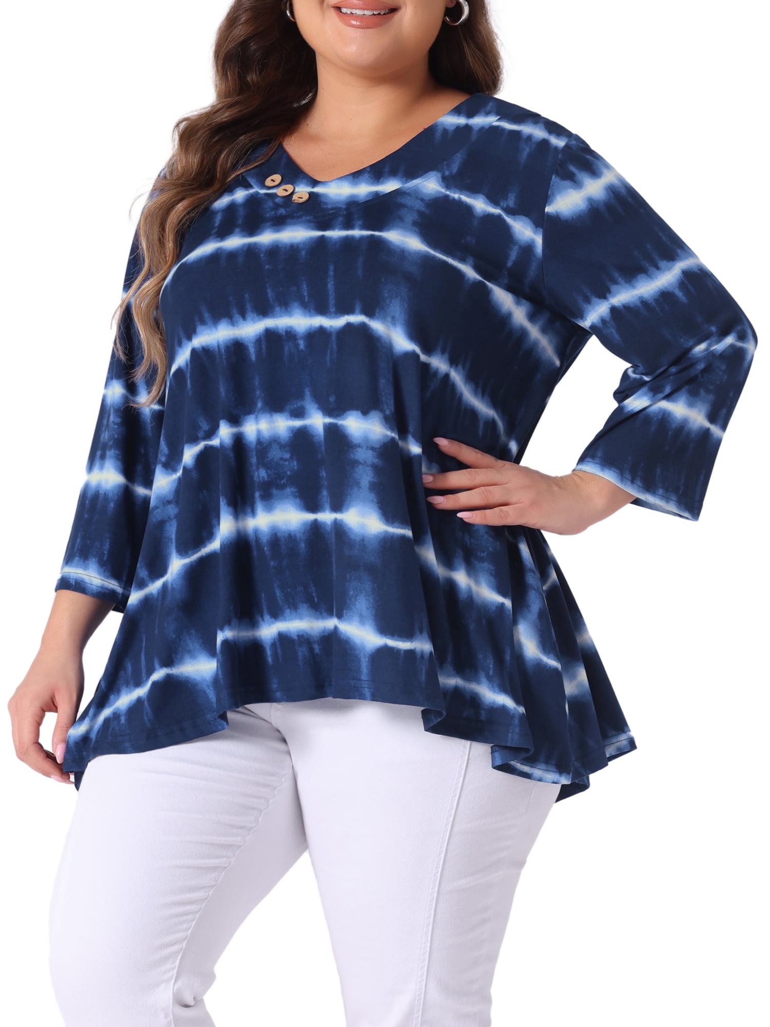DARING DIVA Women's Plus Elbow Sleeve Blouse Tee Top Tie Dye T Shirts 4X Blue White