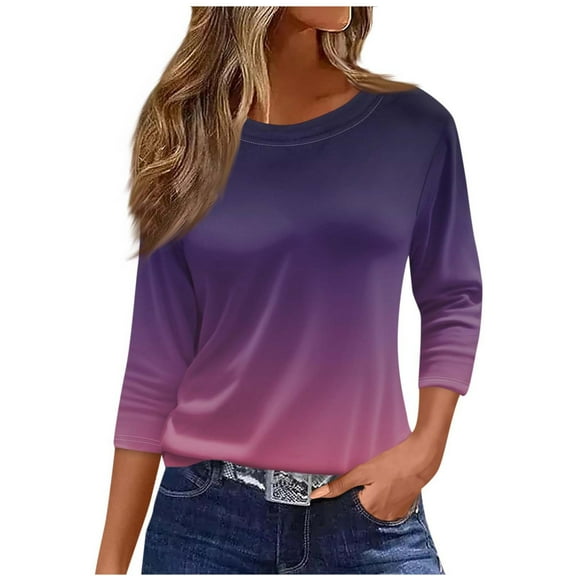 hotojiny Crew Neck Shirts for Women 3/4 Sleeve Casual Lightweight Tunic Tops Fall Fashion Loose Tees Blouses