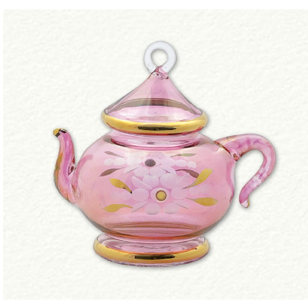 24K Gold Accents Floral Teapot Egyptian Glass Ornament 3 5/8 Pink