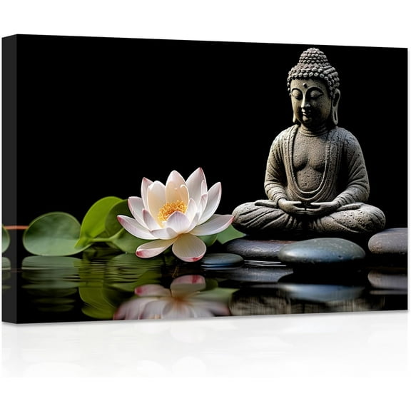 ZHONGYUTONG Buddha Canvas Wall Art Lotus Flowers Zen Stone Pictures Spa Painting Prints Office Decor for Spiritual Meditation Yoga Room Framed (12.00" x 18.00")