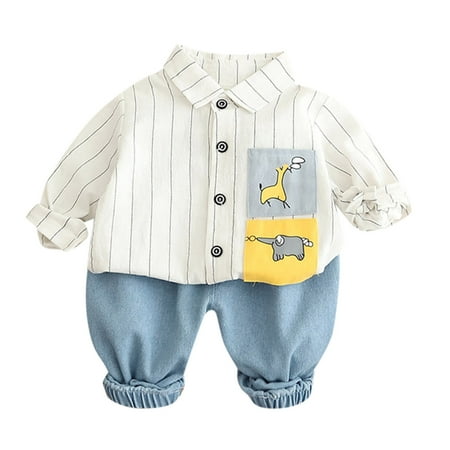 

KI-8jcuD Baby Boy First Birthday Outfit Toddler Kids Child Baby Boys Long Sleeve Cute Cartoon Animals Striped Shirt Tops Solid Jeans Pant Outfits Set 2Pcs Clothes Modern Baby Clothes Boys Jogging Su