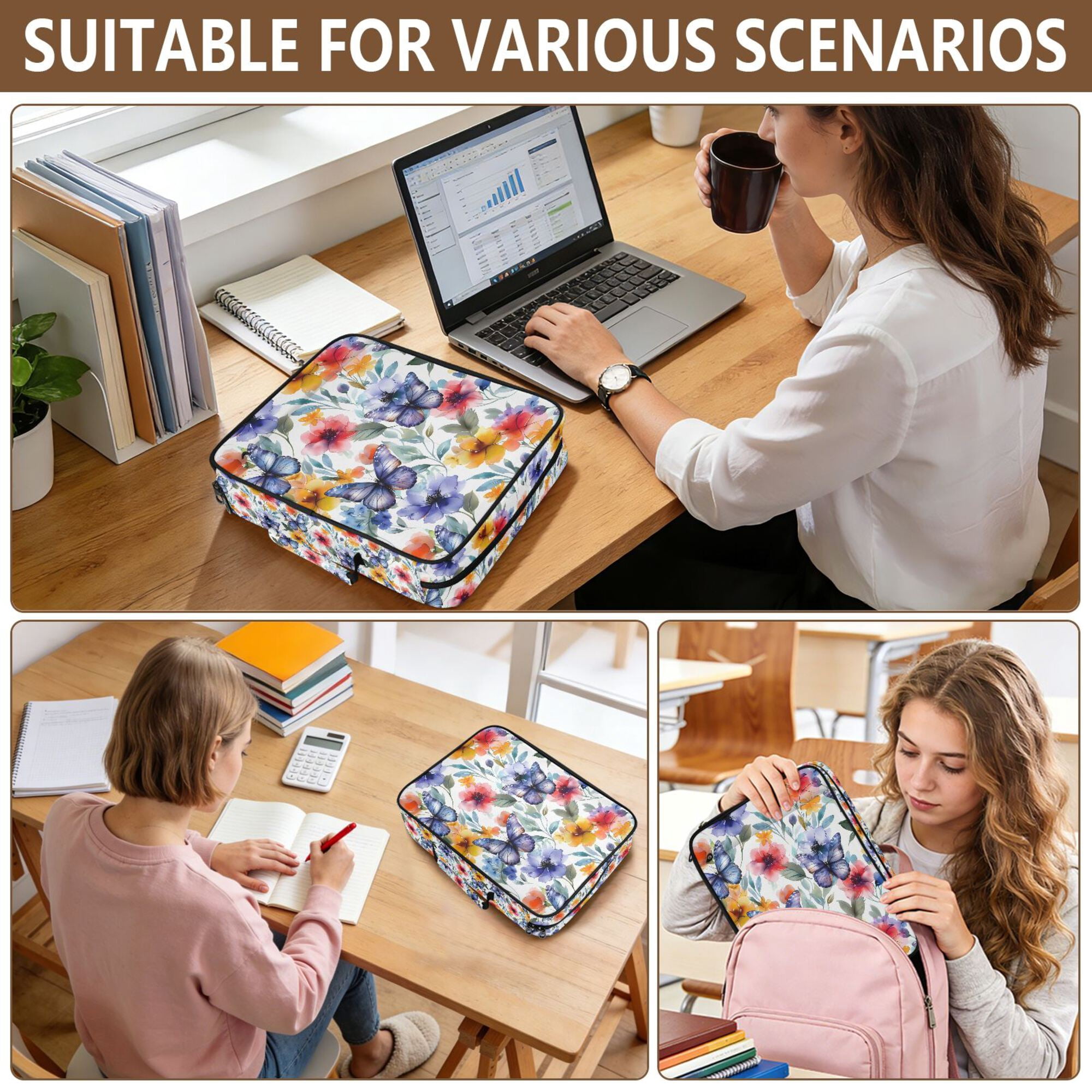 FORMRS Accordion File Folder A4 Size 7-Pocket Expanding Document Organizer Bag with 3 Ring Binder, Watercolor Flowers Pattern